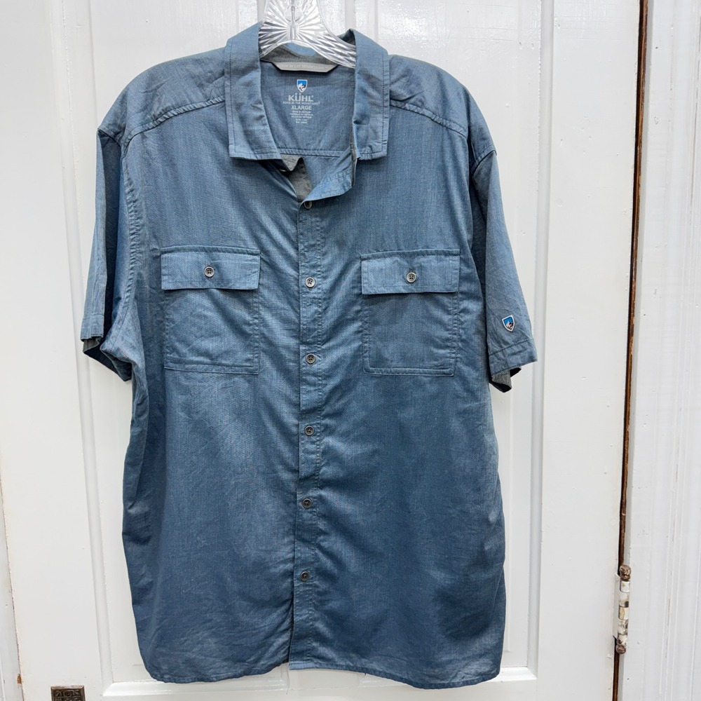 Kuhl navy‎ blue iridescent short sleeve button down shirt men's xl - Picture 2 of 5